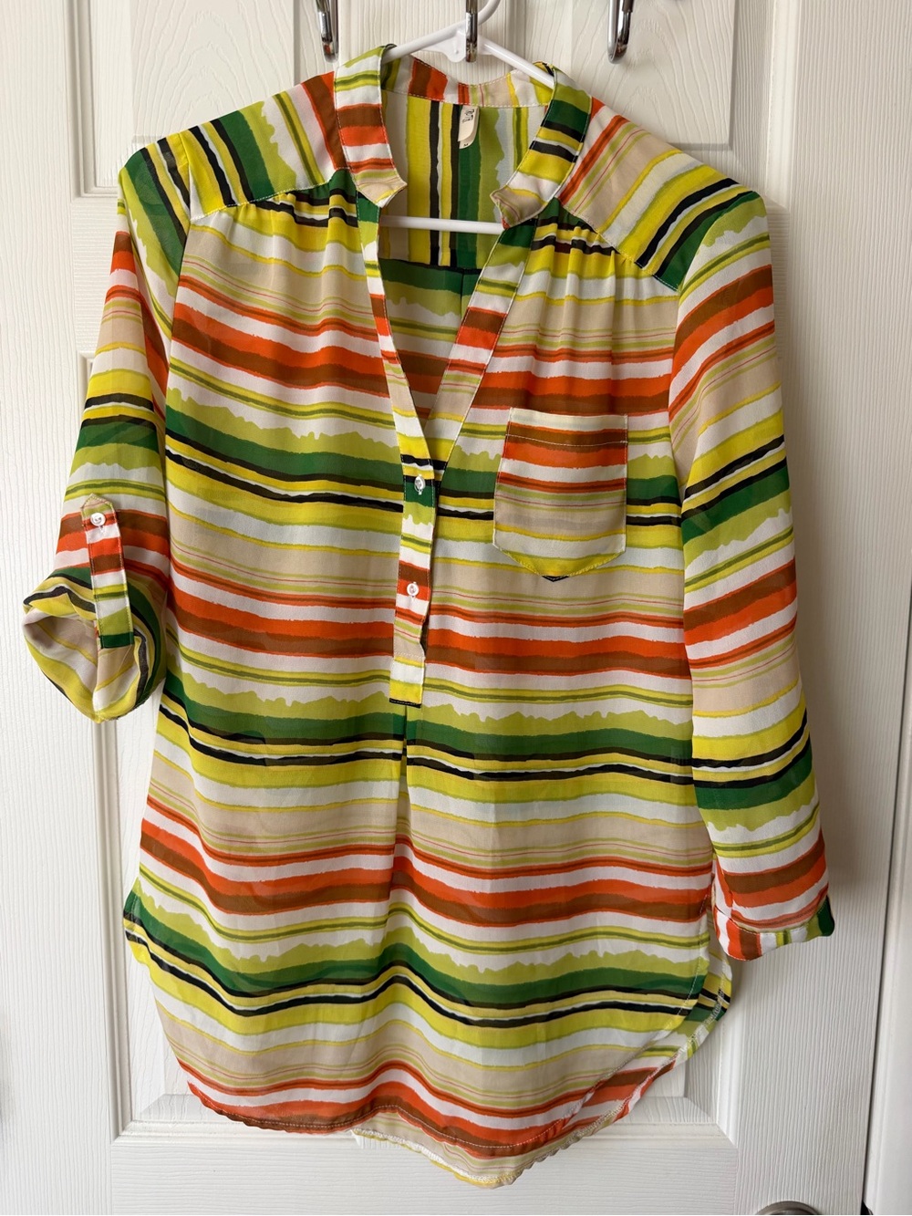Truth Striped Popover Blouse in Orange, Green, Yellow and Cream